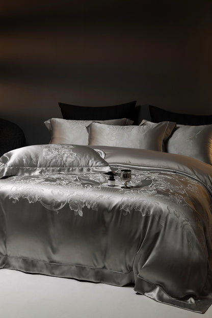 Luxury Silky Satin 4-Piece Bedding Set – Elegant Jacquard Design for Hotel-Style Comfort