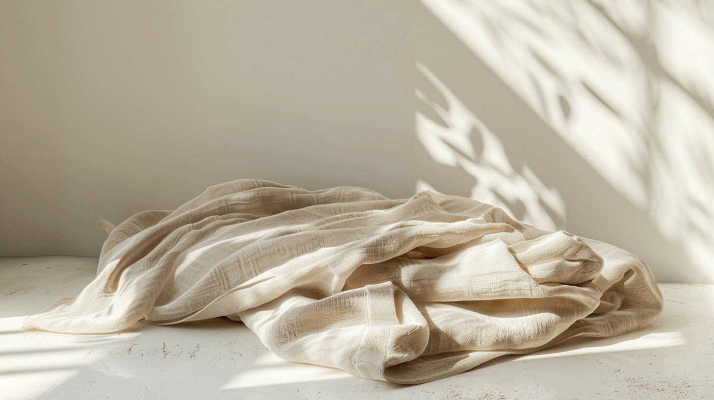 Jenvra brand story banner — natural linen textures in soft sunlight, sustainable craftsmanship, minimalist aesthetic.
