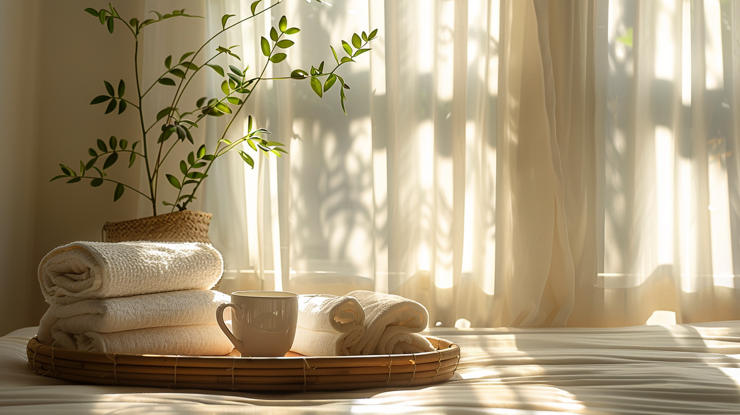 Natural home lifestyle scene with linen fabrics and morning light by Jenvra